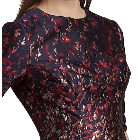 Teri Jon Blue Jacquard Floral Print Box Pleat Fit n Flair  Size4   Navy Multi - Picture 3 of 12